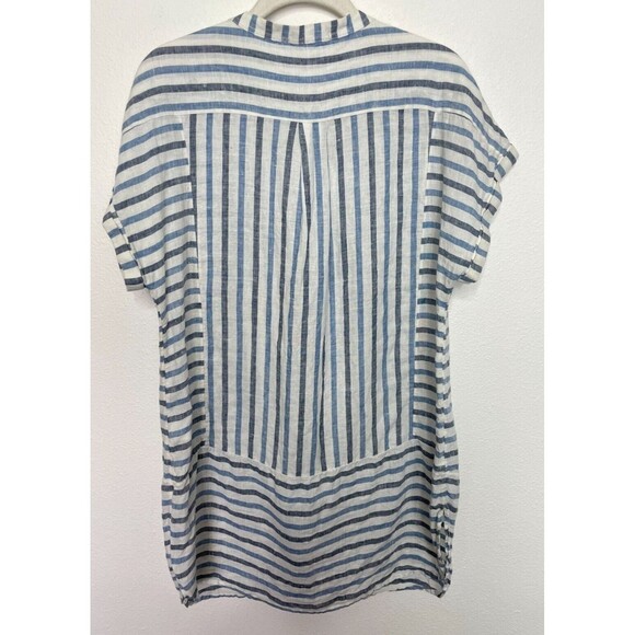 Two by Vince Camuto Medium Woven Striped Tunic Top Blue Linen Cuffed Cap Sleeve - Picture 12 of 12